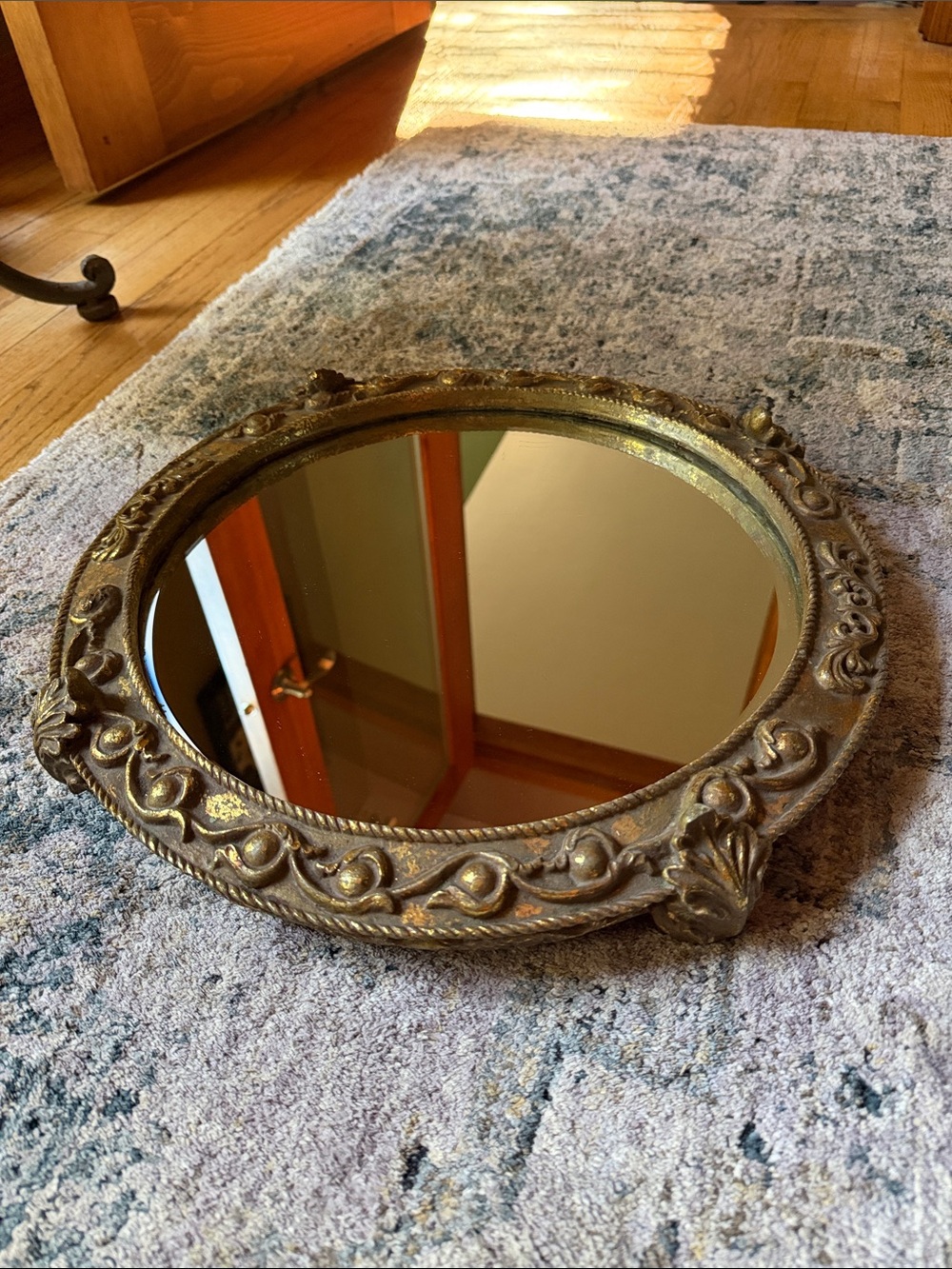 Antique Vintage Ornate Gold Round Footed Vanity Mirror
